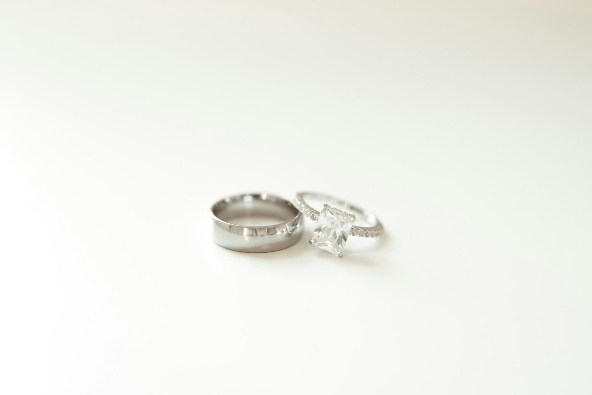 Two wedding rings resting on a plain white table
